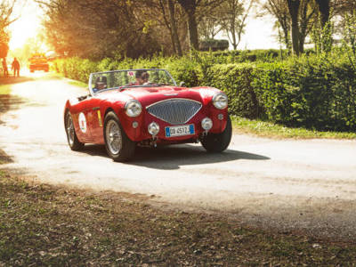 Austin-Healey 100 BN-1 Cabriolet rijdt op een weg met de zon achter zich