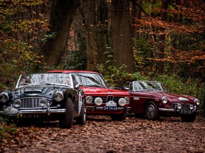 Austin Healey Trans, BMW 2002 en MG MGB Roadster geparkeerd tussen de bladeren